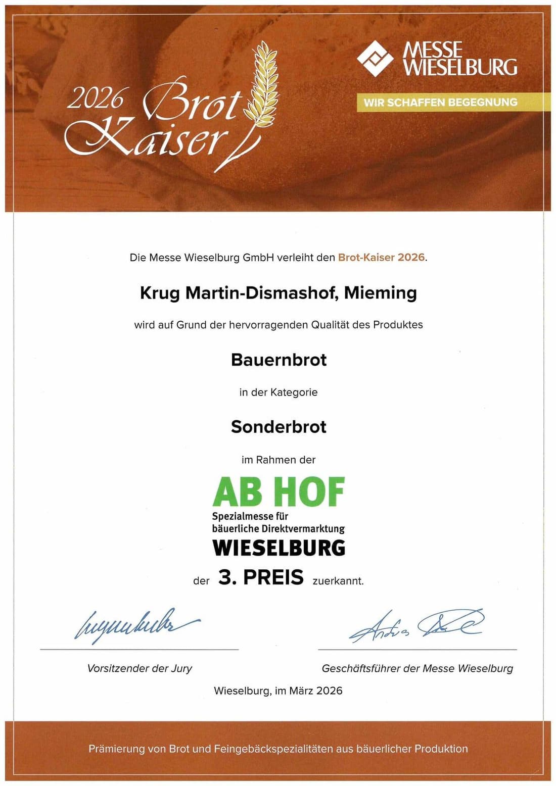 Urkunde: Brot-Kaiser 2026, 3. Preis für Bauernbrot
