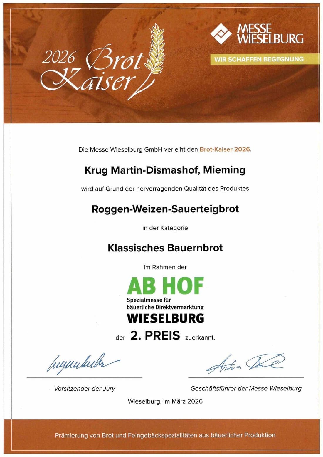 Urkunde: Brot-Kaiser 2026, 2. Preis für Roggen-Weizen-Sauerteigbrot
