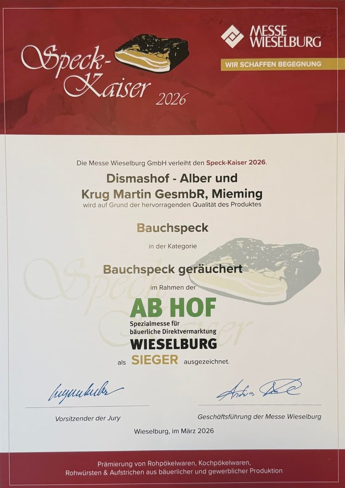 Urkunde: Speck-Kaiser 2026, Sieger für Bauchspeck