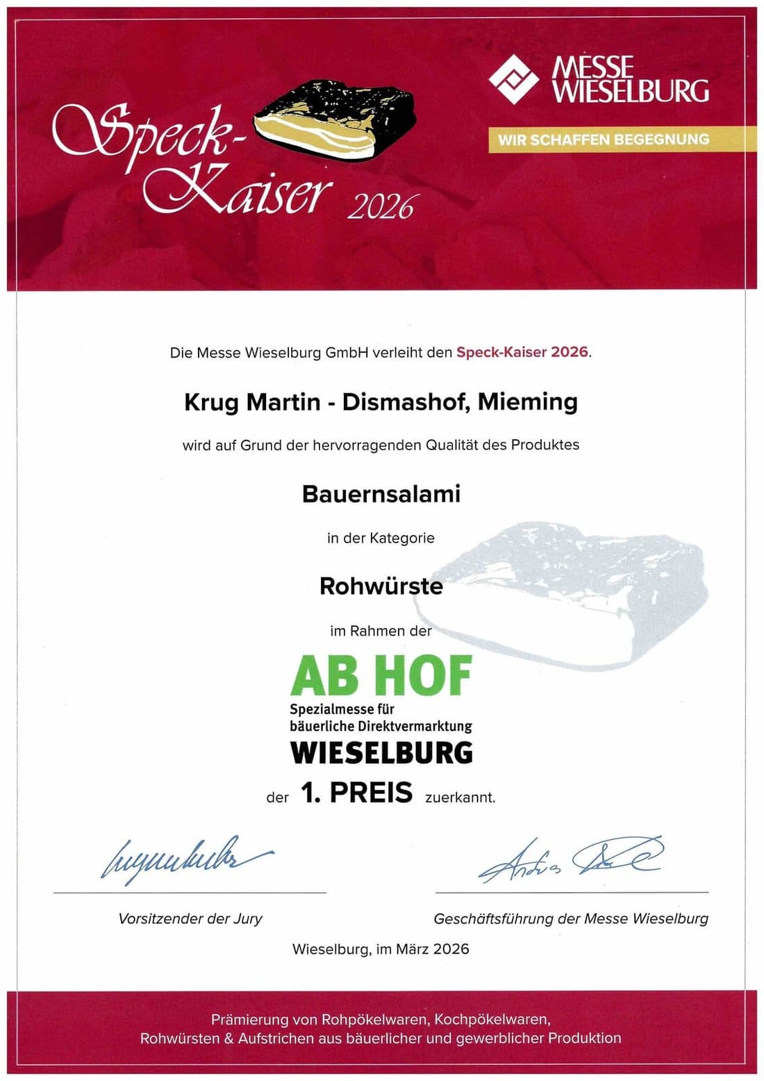 Urkunde: Speck-Kaiser 2026, 1. Preis für Bauernsalami