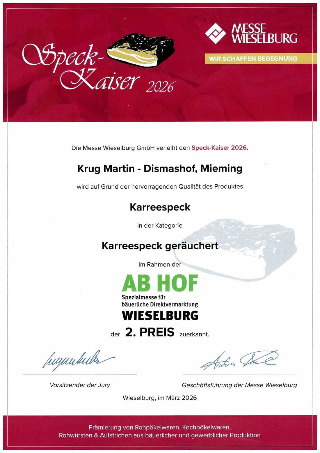 Urkunde: Speck-Kaiser 2026, 2. Preis für Karreespeck