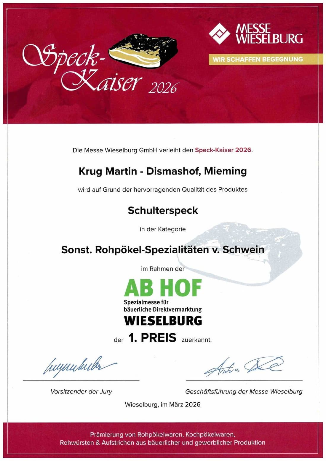 Urkunde: Speck-Kaiser 2026, 1. Preis für Schulterspeck
